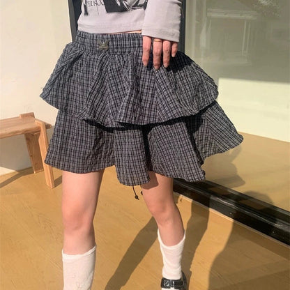 liwuka Ruffle Plaid Mini Skirt Women Kawaii Preppy Style Short Skirts Layered Sweet Cute Korean Fashion Casual Street Skirt