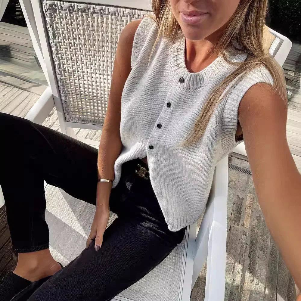 liwuka Summer Knitted Cardigans Women Elegant Fashion Button Sleeveless Cardigan Solid Basic Casual Vacation Holiday Tops 2024 Gray