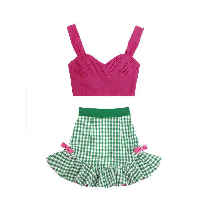 liwuka French Fashion Retro Sweetheart Spicy Girl Checkered Hundred Pleated Short Skirt Women's Summer Pleated Sling Set of Two