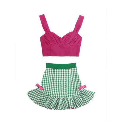 liwuka French Fashion Retro Sweetheart Spicy Girl Checkered Hundred Pleated Short Skirt Women's Summer Pleated Sling Set of Two