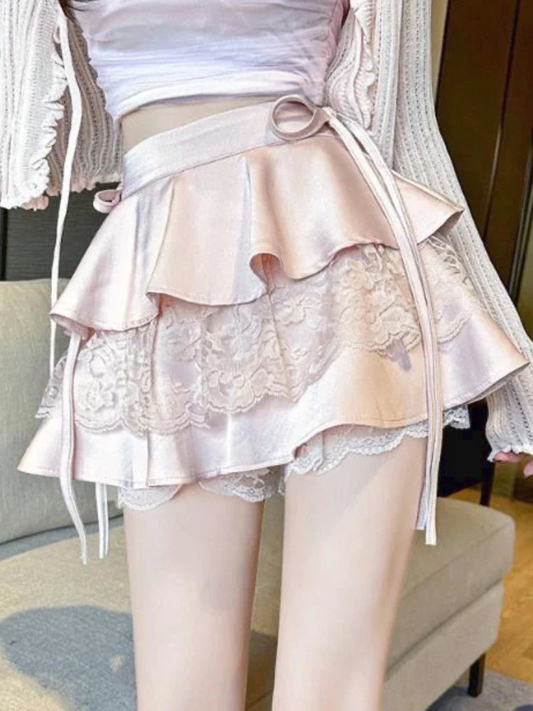 liwuka Summer Pink Sexy Elegant Skirt Women Lace Designer Fashion Party Mini Skirt Female Ruffle Bandage Korean Vintage Skirt New