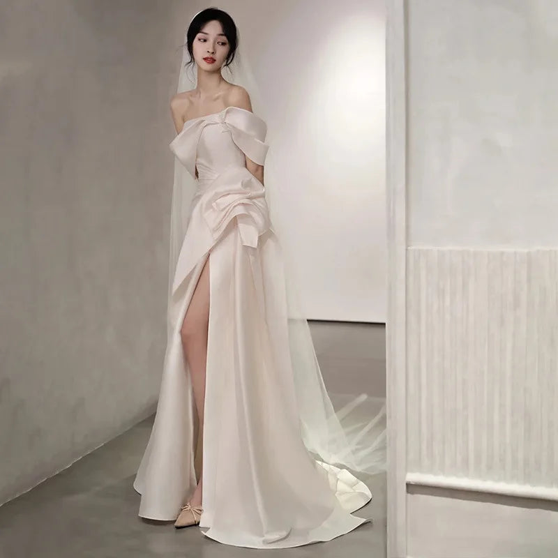 liwuka Off-The-Shoulder Satin High Split Twist Front Train Dresses For Wedding