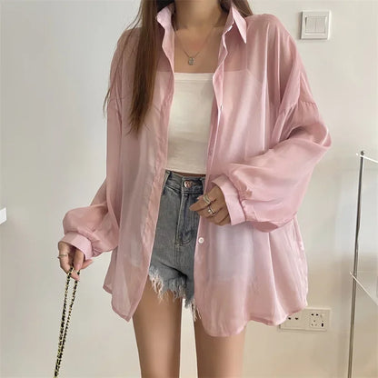 liwuka Fashion Women Holiday Beach Shirts See Through Chiffon Blouse New Summer Tops Sun Protection Clothes Long Sleeve Blusas