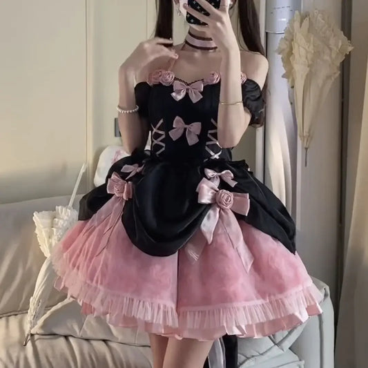 liwuka Japanese Black Pink Rose Color Blocked Off Shoulder Waist Fishbone Lace Lolita Dress Women Gothic Halloween Princess Dresses