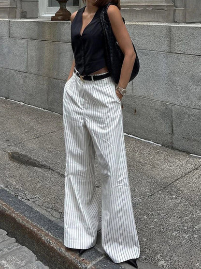 liwuka Women's Casual Black White stripe Wide Leg Pants 2024 New Fashion High Waist Zipper Loose Work Business Pants with Pockets