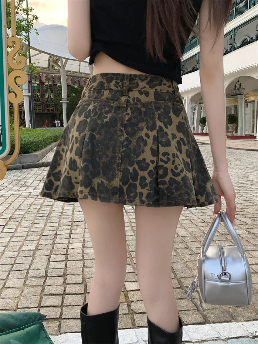 liwuka  2024 A-line Pletaed Mini Skirts Women Chic Casual Denim High Waist Printed Vintage Daily New Slim Summer Office Lady