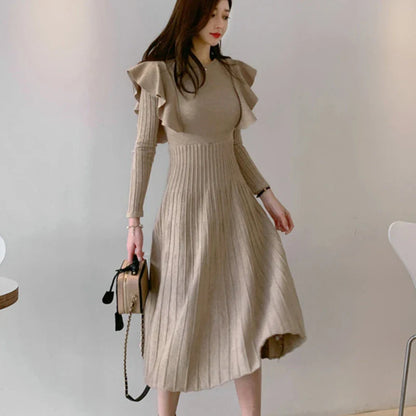 liwuka Vintage Elegant O-Neck Female Thicken Knit Long Dress Slim Full Sleeve Ruffles Women Sweater Dresses Vestidos Autumn Winter