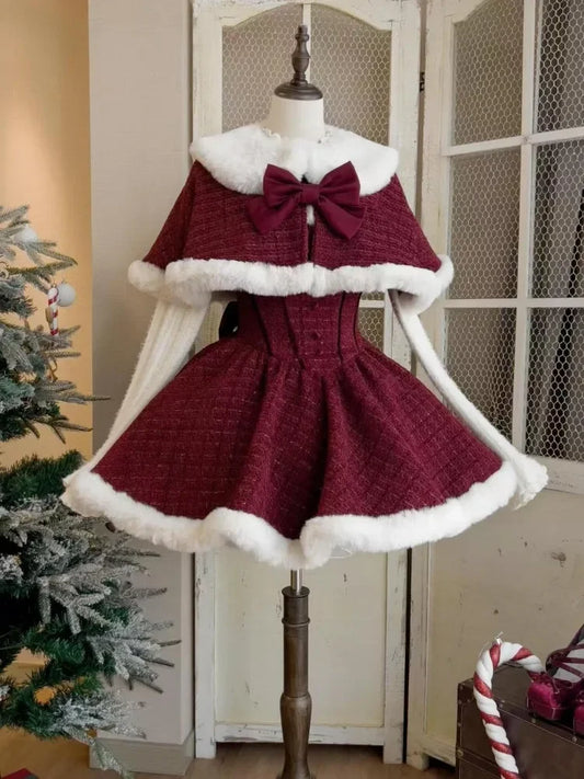 liwuka Christmas New Year 3 Piece Set Sweet Lolita Style Dress Sets Womens Elegant Chic Bow Plush Shawl Short Jackets Mini Skirts Suit