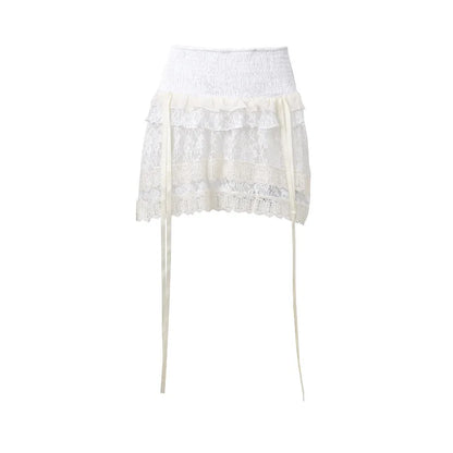 liwuka Lolita Skirt Sexy Lace Mini Skirt Women High Waist Ruffle Ribbon Patchwork A Line Cute Short Skirt Summer Y2k Vintage Streetwear