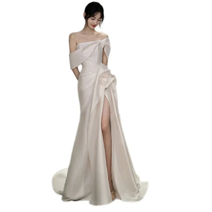 liwuka Off-The-Shoulder Satin High Split Twist Front Train Dresses For Wedding