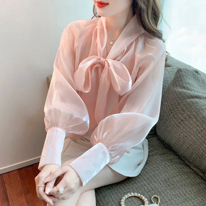 liwuka Korean Style Shirt Female Big Bow Tie Blouse Retro Lantern Long-Sleeved Elegant Blouses Women Spring New Pink Organza Tops