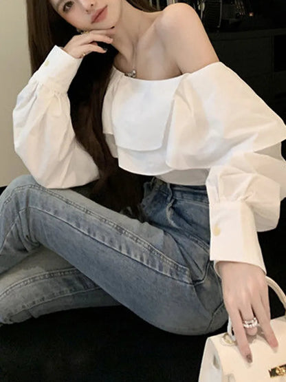 liwuka Korean Fashion White Shirts Women Spring Long Sleeve Slash Neck Casual Blouses Elegant Off Shoulder Ruffles Ladies Tops Blusas