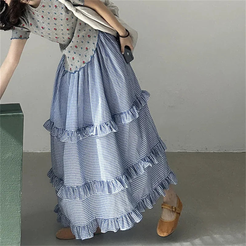 liwuka 2024 New Arrival Summer Women All-matched Casual Loose Fit Ruffles Patchwork A-line Elastic Waist Ankle-length Skirt V951