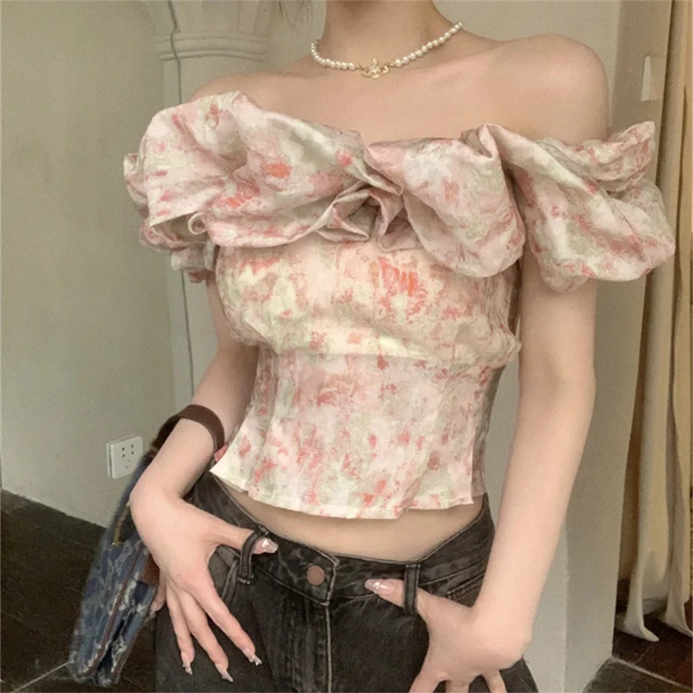 liwuka S-M Women Slash Neck Florals Blouses Summer Off Shoulders Short Sleeve Sweet Party Ruffles Slim New Daily Mujer