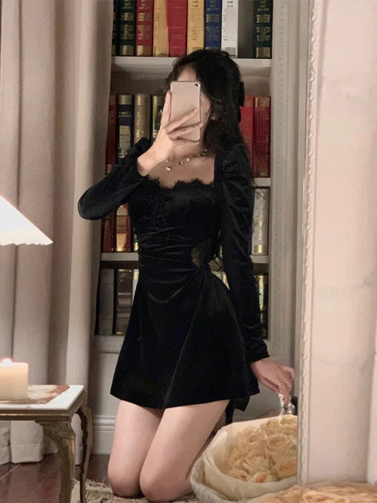 liwuka Autumn Black Velvet Midi Dress Casual Korean Fashion Elegant Party Dress Woman Long Sleeve Vintage Lace Dress Slim Design