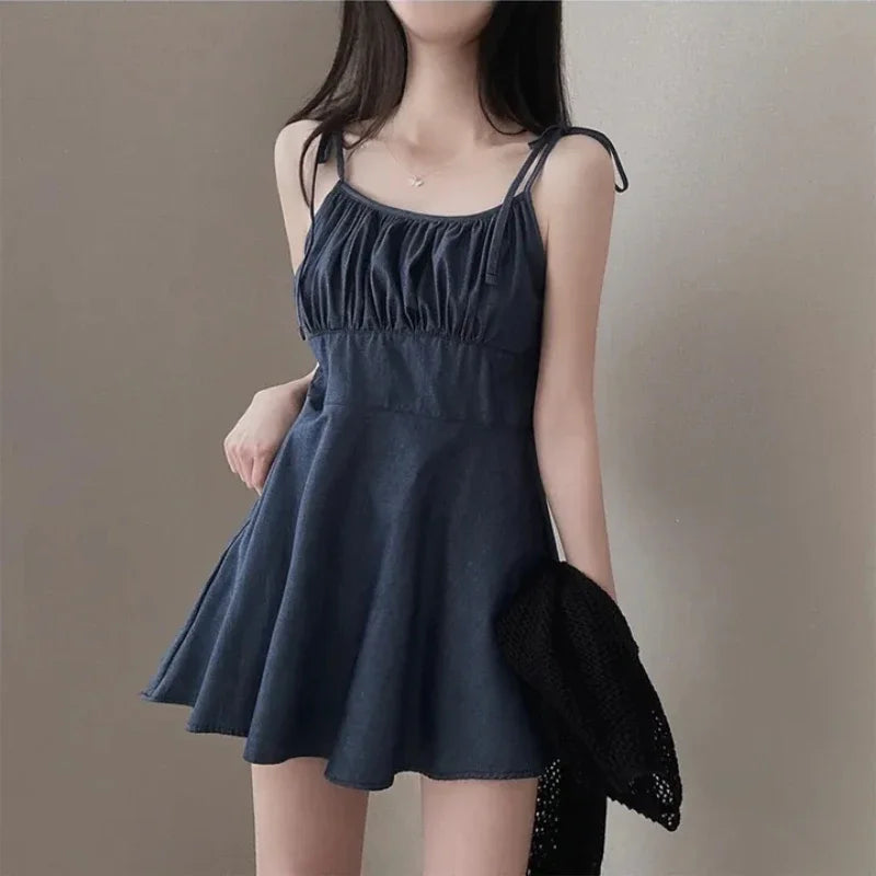 liwuka Summer Japanese Sweet Chic Strap Mini Dress Women French Vintage Sleeveless Shirring Shorts Dresses Korean style Casual Clothes