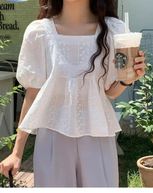 liwuka New Arrival Summer Korean Fashion Clothing Casual Women Tops Square Collar Embroidery Cotton White Elegant Peplum Blouses