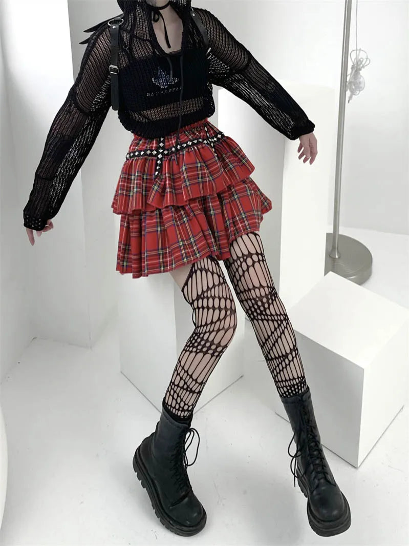 liwuka Women's Red Plaid Skirt Harajuku Y2k 90s 2000s Vintage Skirts Leg Cover 90s Gothic Streetwear Korean A-Line Mini Skirt Clothes