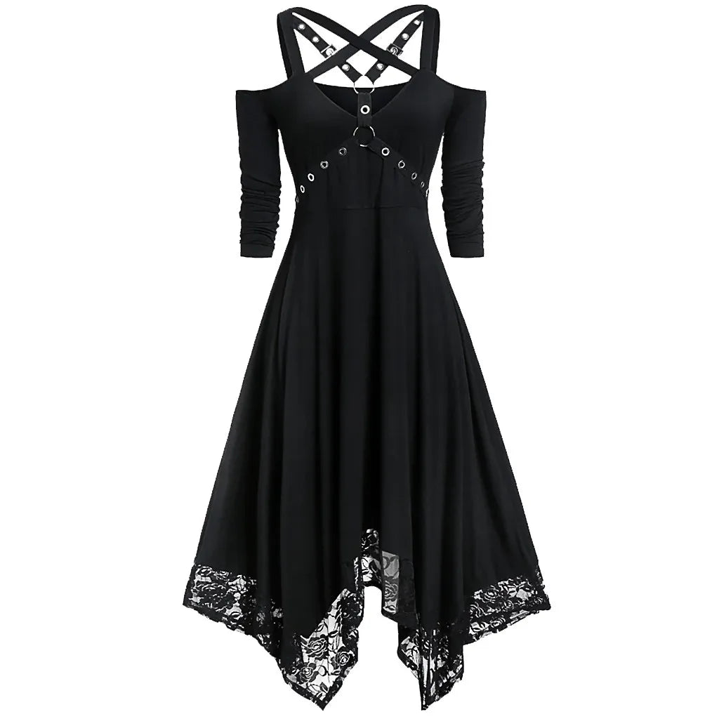 liwuka Open Sleeve Half Halloween Plus Women Gothic Dress Shoulder Lace Size Women'S Dress Long Sleeve Womens Swing Dress