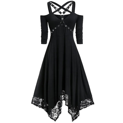 liwuka Open Sleeve Half Halloween Plus Women Gothic Dress Shoulder Lace Size Women'S Dress Long Sleeve Womens Swing Dress