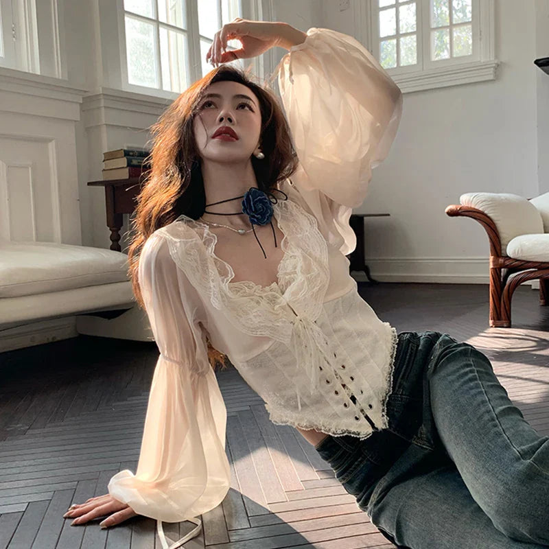 liwuka Elegant Women Lace Ruffles Chiffon Blouses Cross Tie-Up Front Lantern Sleeve Shirts Fashion Spring Casual Crop Tops Y2K Clothes