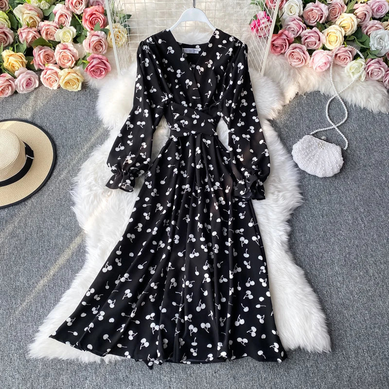 liwuka Korean Fashion Cherry Print Women Dress 2023 New Autumn Vintage Bandage Slim Waist Long Dress Elegant Party Vestidos