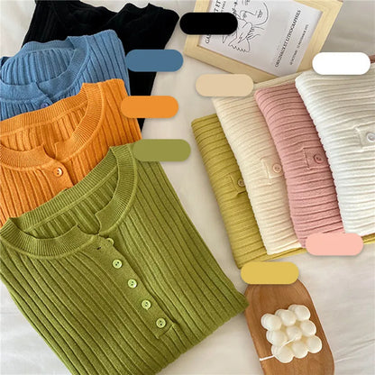 liwuka Women Sweaters Cute Button Up O-Neck Long Sleeve Pullovers Autumn Knitted Bottoming Shirts Korean Single Breasted Undercoat Tops