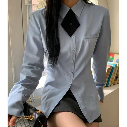 liwuka Preppy Style Blue Shirts Women Korean Style Blouses with Tie Casual Long Sleeve Slim Cute Tops Basic Japanese Fashion