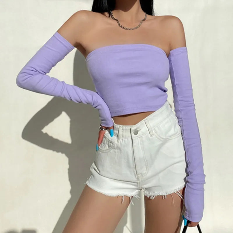 liwuka Female Crop Tops T-shirts, Solid Color Boat Neck Off Shoulder Sexy Tops Pullover with Long Sleeves for Summer Club Wear