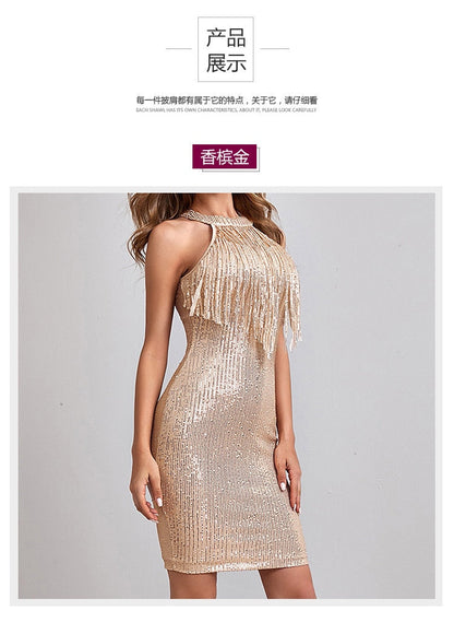 liwuka   Sequin Tassel Sexy Dress Women O-Neck Bodycon Nightclub Party Mini Dress Summer Sparkle Glitter Dresses Vestidos Christmas