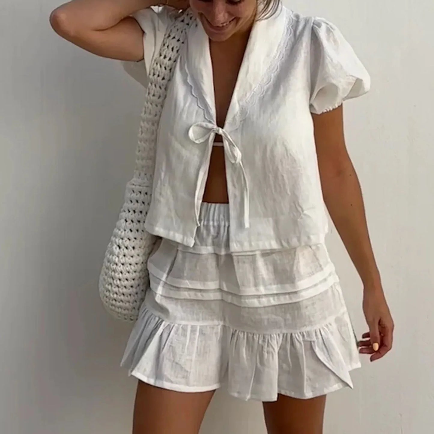 liwuka Women Y2K Peplum Shirts Lace Trim Tie Front V Neck Crop Top Short Puff Sleeve Blouse Cute Babydoll Bow Lace Up Tops