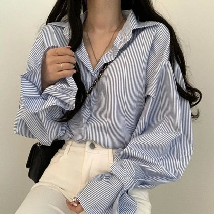 liwuka Spring Lantern Sleeve Blue Stripe Shirt Camisas Blusas Mujer Loose Casual Black Top Women's Clothing Blouses Office Lady Shirts