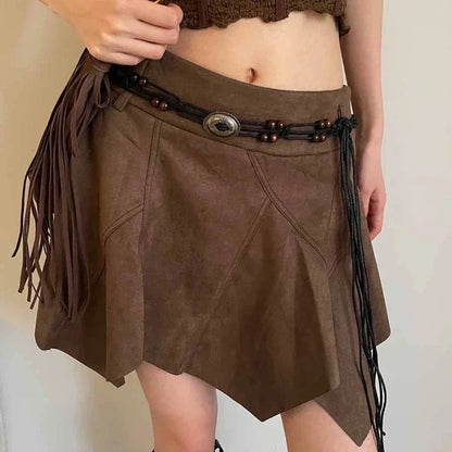 liwuka Vintage Leather Skirt Y2k Women Ruffle Gothic Solid Irregular Streetwear Short Skirt Retro A-line Aesthetics Skirts