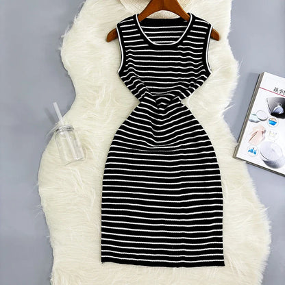 liwuka Lady Stripes Knitted Bodycon Tank Office Dress Summer Slim Elastic Sexy Package Hips Party Dress Women Outfits Vestidos