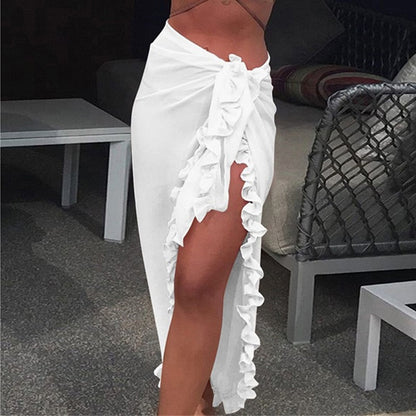 liwuka Women Chiffon See-Through Beach Bikini Cover Up Wrap Scarf Swimwear Pareo Sarong Dress Solid Ruffle Casual Beach Dress