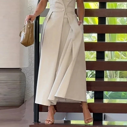 liwuka Maxi Dress Women Summer Elegant Office Solid V Neck Lapel Sleeveless Vest Nipped Waist With Pockets Pleated Long Dress