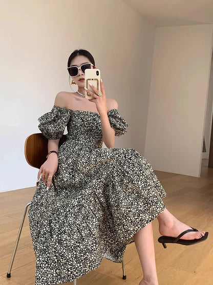 liwuka Retro Floral Dress For Women With Summer Square Neckline And Bubble Sleeves, Elegant And Slim Fitting Long Skirt