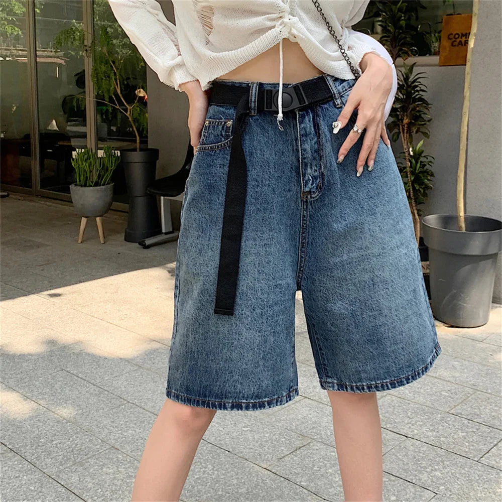 liwuka Retro Half Pants Women Wide Leg Summer 2023 New Slim-Fit Casual All Match Office Lady Denim Loose Jeanswear Shorts