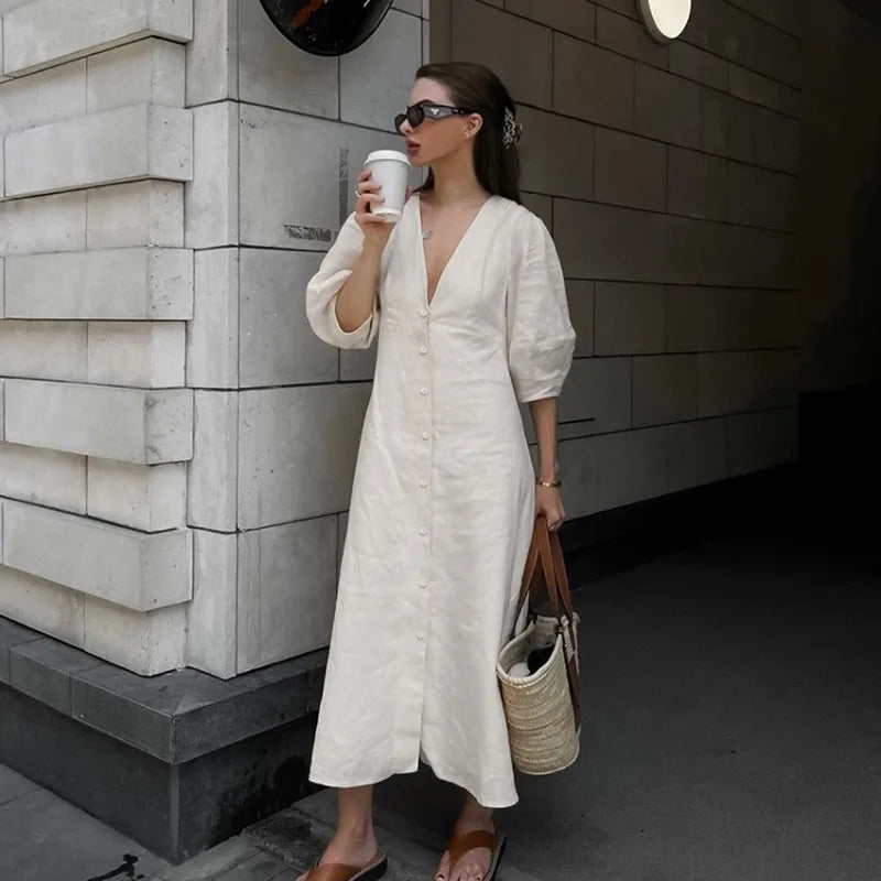 liwuka Original V-neck Cotton Linen Backless Dress Spring and Summer Women's Casual Loose Waist Bubble Sleeves A-line Sling Beach Dress