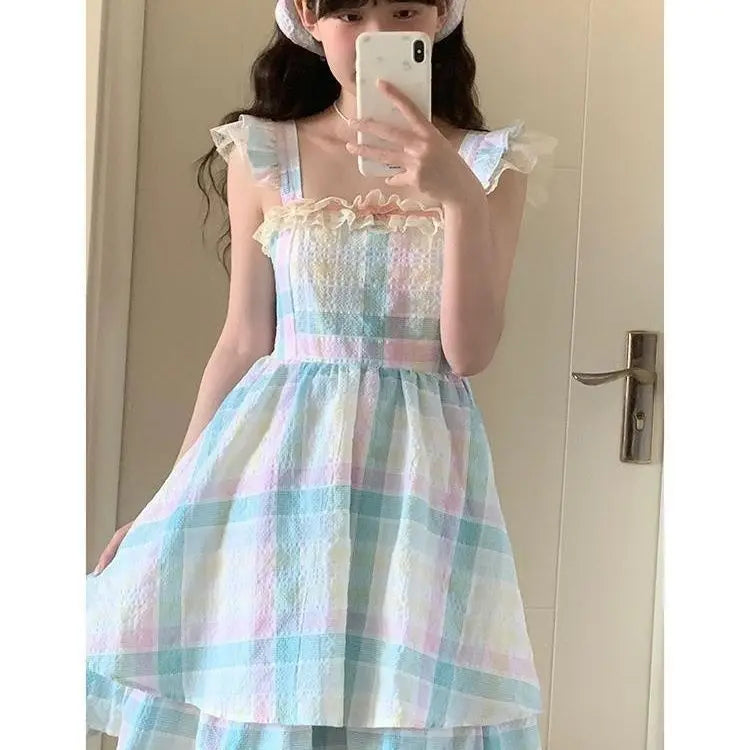 liwuka Plaid fly sleeve waist thin short fluffy halter dress Korean fashion summer new French sweet women's 2024 skirt