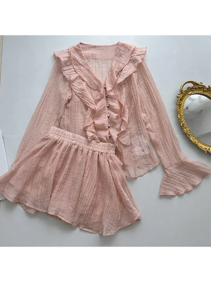 liwuka French Elegance Fairycore Outerwear 2 Piece Shorts Sets V-Neck Blouses Flare Sleeve+Elastic Waist Shorts Y2k Chic Autumn Winter