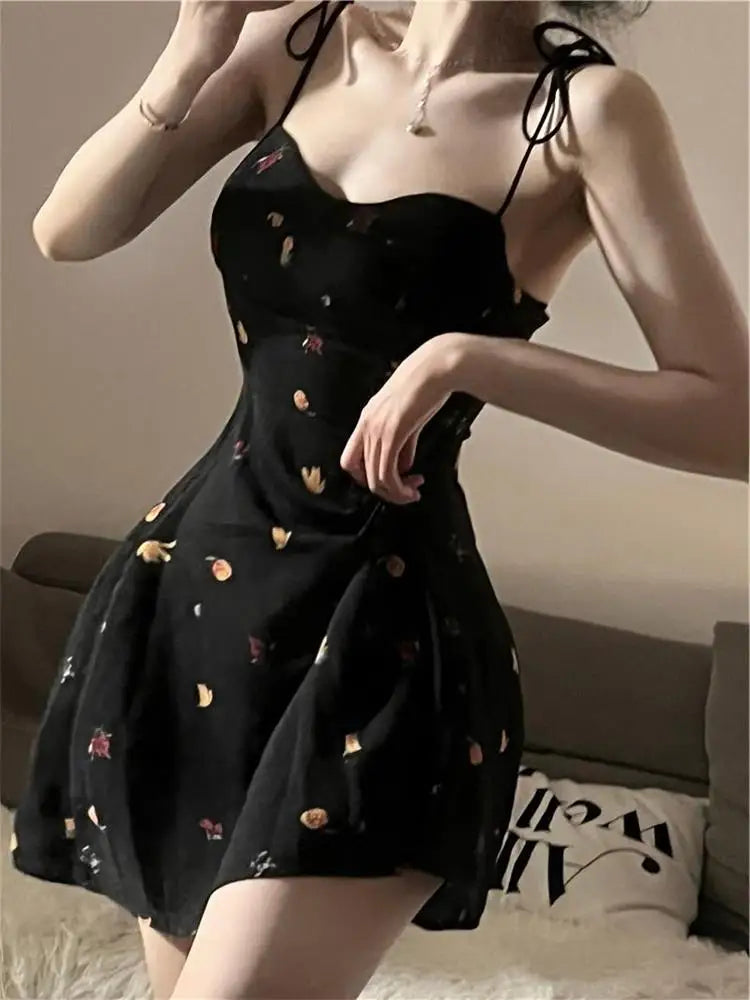 liwuka Summer Y2K Retro Floral Strap Bow Black Dress Mini Fashion Aesthetic Club Party Sexy Dresses for Women A-line Outfits