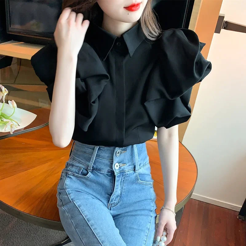 liwuka Black Lantern Short Sleeve Blouse Camisas Wild Casual Blusas Mujer De Moda 2024 New White Shirts for Women Clothes Crop Tops