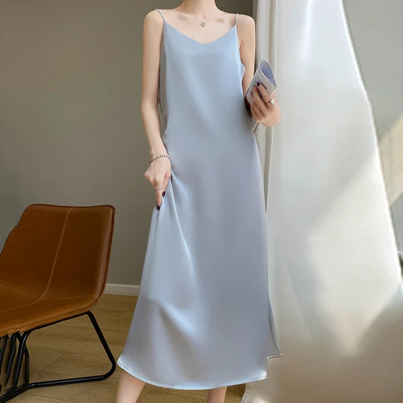 liwuka Silk High-Grade Dress New Spring/Summer Sleeveless V-Neck Dress Vest Slip Skirt Silk White With High-Grade Temperament