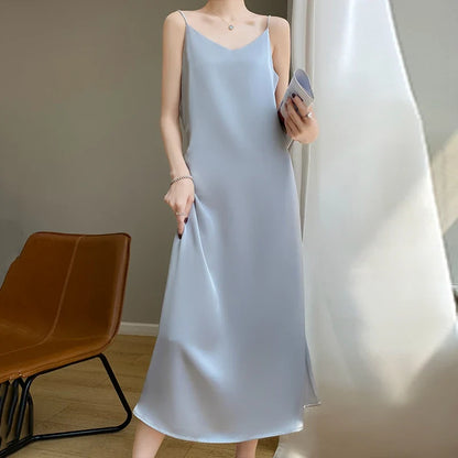 liwuka Silk High-Grade Dress New Spring/Summer Sleeveless V-Neck Dress Vest Slip Skirt Silk White With High-Grade Temperament