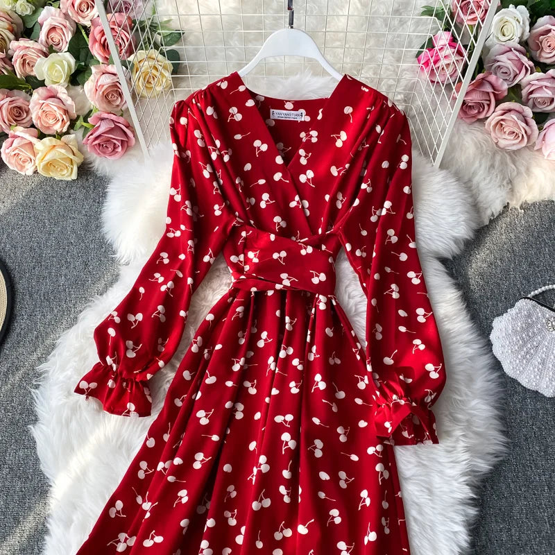 liwuka Korean Fashion Cherry Print Women Dress 2023 New Autumn Vintage Bandage Slim Waist Long Dress Elegant Party Vestidos