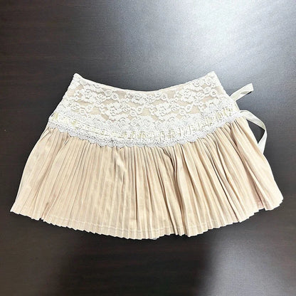 liwuka Pink Pleated Skirt Women Kawaii High Waist A-line Lace Patchwork Bow Lace Up Cute Fairycore Mini Skirt Spring Summer