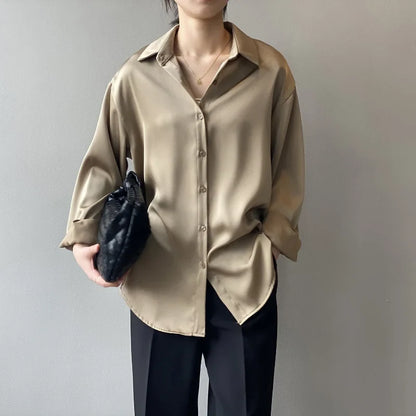 liwuka Button Up Satin Silk Shirt Vintage Blouse Spring Fashion Women Korean Tops Lady Long Sleeves Loose Street Shirts Blusas