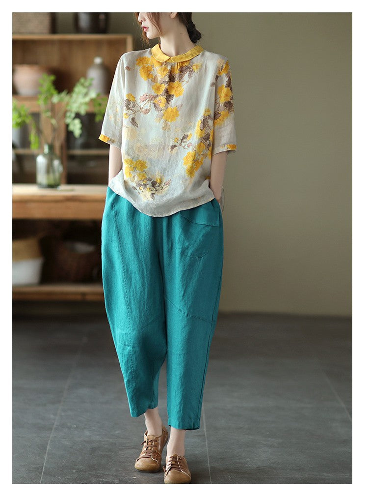 liwuka Women Summer Casual Shirts New Vintage Style Floral Print Loose Comfortable Cotton Linen Female Half Sleeve Tops