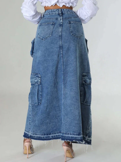 liwuka Vintage Loose Chic Skirts For Women Elegant High Waist Office Lady Long Skirt Fashion Blue Denim Skirt Female Clothing